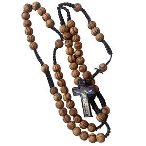 Wooden Beaded Rosary Necklace with Cross Pendant